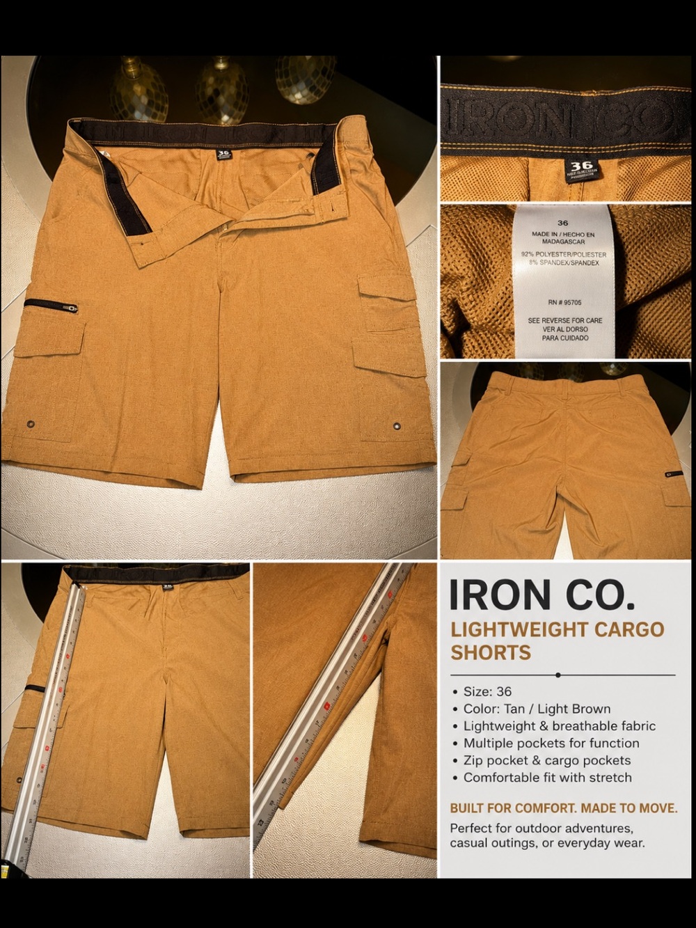 Iron Co. Men's Cargo Shorts in Tan Brown Size 36
